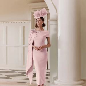 플로럴 모티브의 캡 슬리브 시스 웨딩 게스트 드레스, 파티 패션용 저지 핑크 프롬 가운 미디