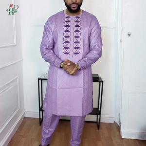 H&D 남성용 아프리카 전통 의상 아그바다 세트 2피스 퍼플 바진 리치 셔츠 바지 자수 웨딩 파티 정장 플러스 사이즈