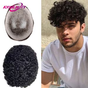 남자를위한 15mm 곱슬 인간의 머리 가발 얇은 피부 남성 Toupee 인간의 머리카락 전체 PU 0.14cm 남자의 가발 모세관 매듭 자연 색상