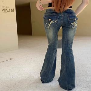 슬리밍 하이웨이스트 벨보텀 청바지 여성용 봄 가을 롱 팬츠 엘라스틱 로우웨이스트 자수 플레어 트라우저