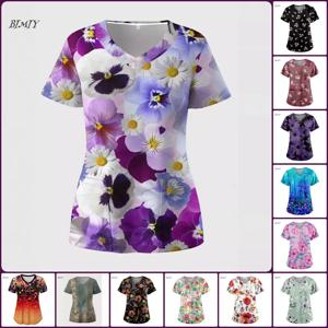 여자 작업 꽃 티셔츠 스트레치 스크럽 간호 유니폼 블라우스 v 넥 짧은 소매 의료 스크럽 탑 포켓 도매