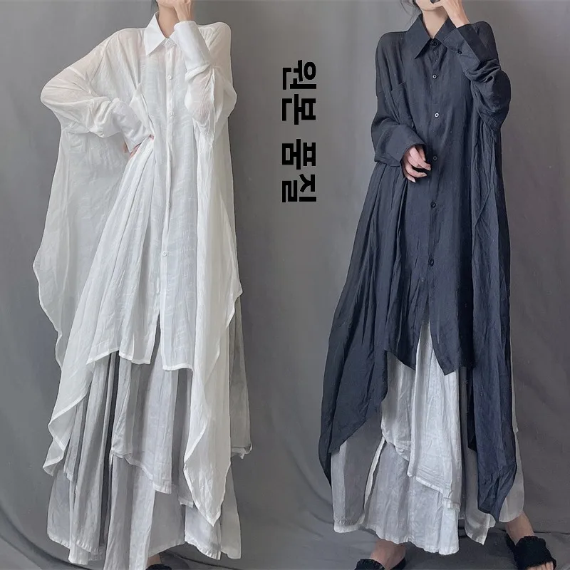느슨한 여성용 여름 가을 새로운 스타일 자외선 차단 셔츠 긴 소매 폴로 칼라 미디 길이 드리프팅 불규칙 예술적 셔츠