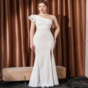 우아한 롱 싱글 숄더 이브닝 가운 슬릿 플로어 기장 테일 스커트 호스티스 파티 KTV 공연 폴리에스터 섬유 드레스