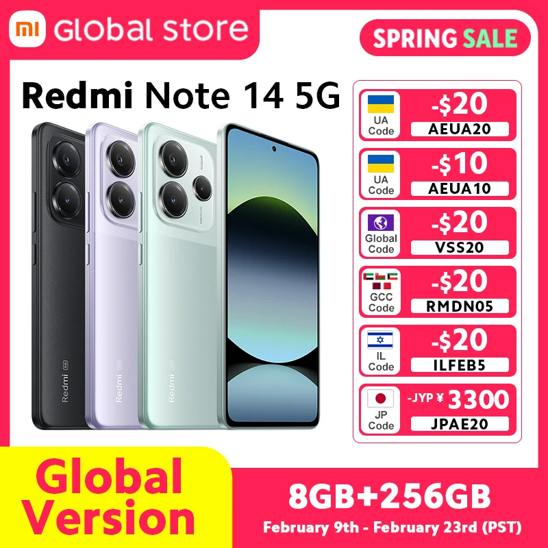 【브랜드+】 샤오미 레드미 노트 14 5G 글로벌 버전 NFC 스마트폰 MTK 디멘시티 7025-울트라 108MP 카메라 45W 터보 충전