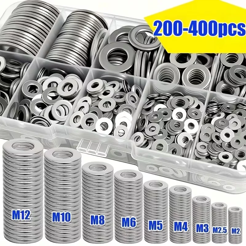 200/400개 스테인레스 스틸 플랫 와셔 세트(M2-M12) – 가정용 DIY, 산업 수리, 주방 장식 및 야외 유지 관리