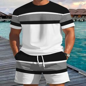 새로운 여름 남성 스포츠웨어 스트라이프 반팔 티셔츠 세트 투피스 야외 여행 의류 릴렉스 핏 반바지 트레이닝복
