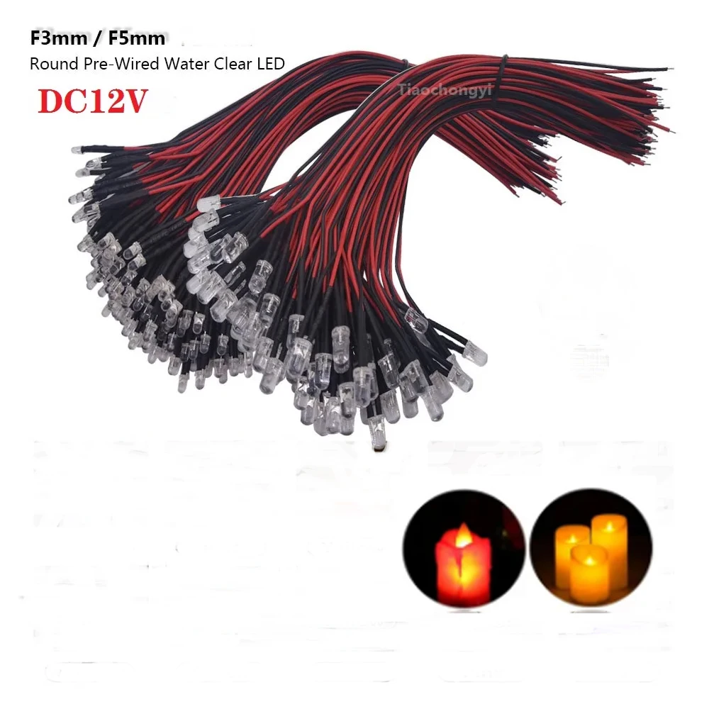 10pcs 3mm 5mm 깜박이는 9V-12V DC 사전 유선 물 맑은 촛불 Led 빨간색 노란색 파란색 녹색 흰색 주황색 깜박임 빛 램프 전구