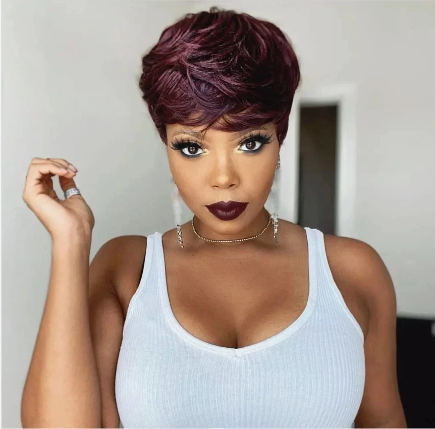 여성용 컬러 짧은 스트레이트 밥 픽시 인모 가발, 브라질 레미 헤어, 버건디 레드 밥 가발, 풀 머신 제작