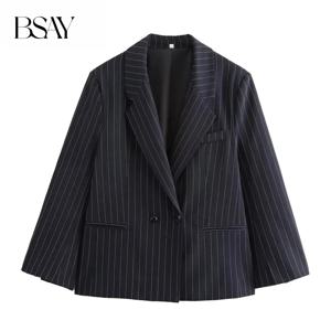 여성용 BSAY 블레이저 패션 가을 겨울 느슨한 얇은 줄무늬 긴 소매 더블 브레스트 정장 재킷 세련된 여성 정장 코트