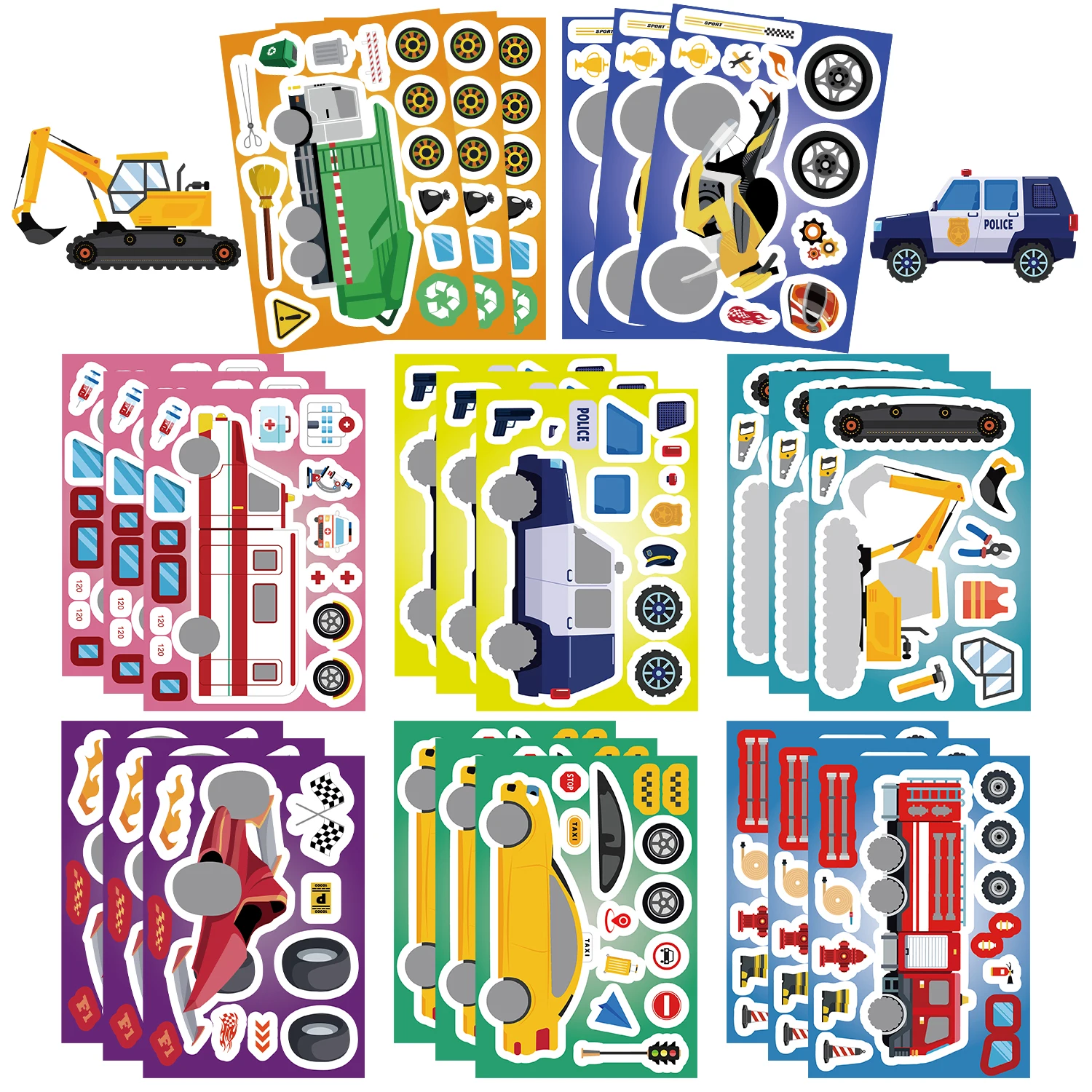 8/16/24Pcs 소방차 구급차 퍼즐 스티커 선물 장식 DIY 데칼 오토바이 굴삭기 다양한 차량 조합