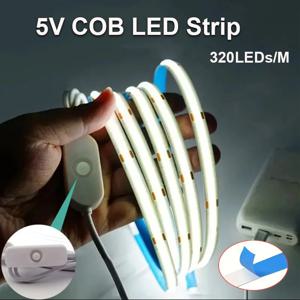 5V COB LED 스트립 라이트 자가 접착 USB 플렉시블 LED 테이프 스위치 포함 고밀도 선형 조명 주방 캐비닛 침실용