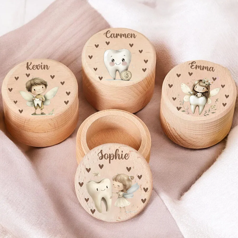 개인화 된 사용자 정의 이름 나무 치아 상자 기념품 치아 탯줄 컬 컬렉션 상자 베이비 샤워 선물 생일 선물