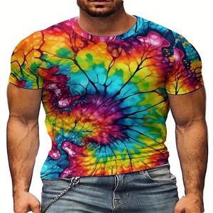 활기찬 타이 염색 3D 프린트 남성용 티셔츠 - 부드럽고 편안한 폴리에스테르 원단, 반소매, 라운드 넥, 다채로운 추상 디자인