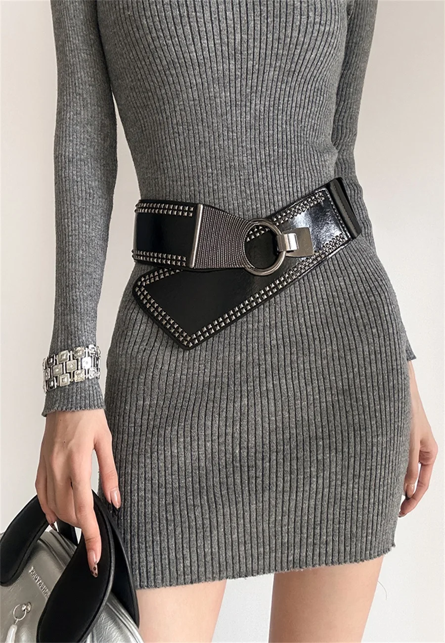 여성용 펑크 스타일 핫걸 리벳 와이드 웨이스트밴드 1개, 유럽 및 미국 고급스러운 느낌의 스커트 벨트, 다용도 라운드 벨트