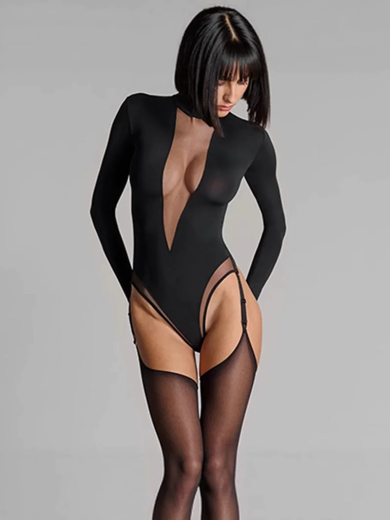 유럽과 미국의 섹시한 매운 소녀 레이스 단색 긴 소매 바디 수트 봄과 가을 여성의 섹시한 슬림 핏 탑