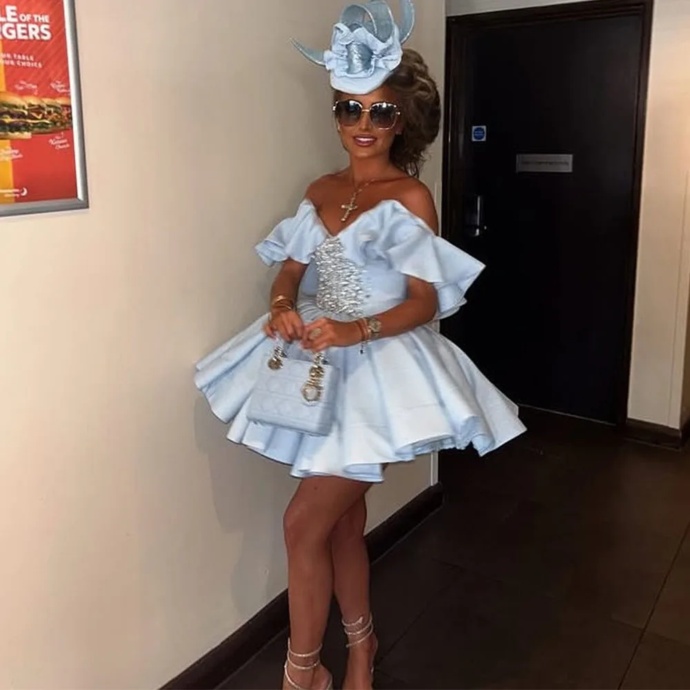 오프 숄더 미니 짧은 칵테일 드레스 여성용 A 라인 칵테일 가운 스위트하트 비즈 장식 민소매 파티 가운