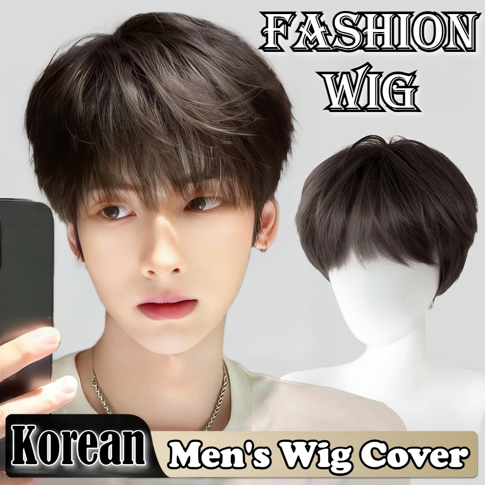남성용 패션 합성 스트레이트 헤어 가발, 풍성한 짧은 헤어 스타일 코스프레 가발, 자연스러운 검정색 헤어 커버, 한국 남성 데일리 가발