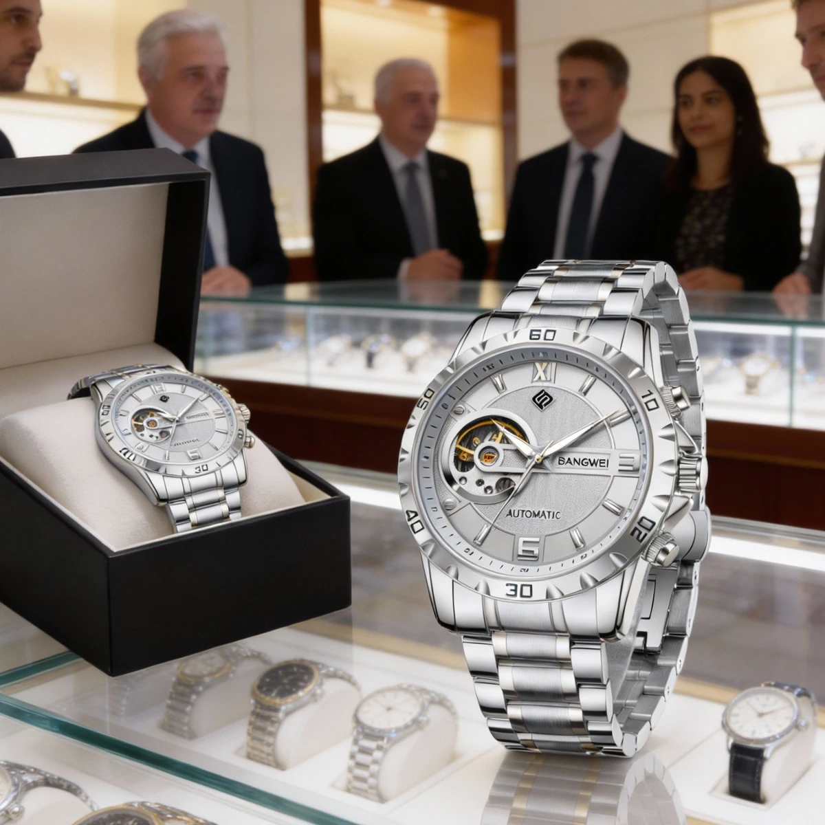 BANGWEI 커플 시계 연인의 럭셔리 빛나는 방수 기계식 손목 시계 스테인레스 스틸 시계 남성 여성 시계 + 상자