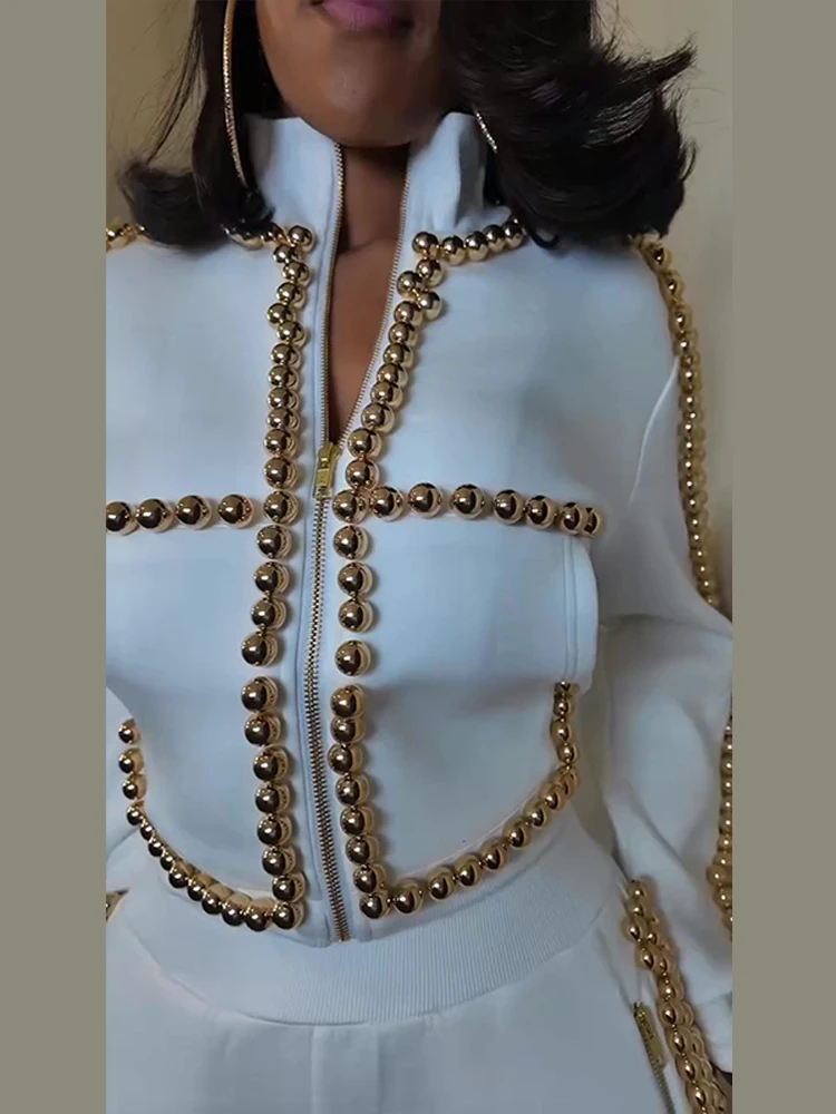 여성 바지 세트 라운드넥 탑 진주 장식 와이드 레그 패션 오버사이즈 우아한 투피스 의상 봄 신상 여성 의류