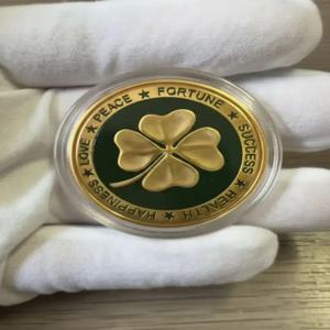 페인티드 네잎 클로버 기념주화, 4cm 원형 금속 기념품 예술품, 아크릴 케이스 포함, 행운을 빌어주는 선물 (아크넥스)