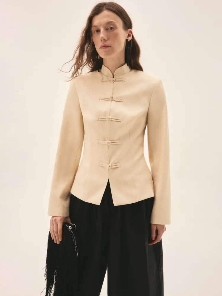 DFDG 여성용 봄 여름 만다린 칼라 개구리 단추 중국풍 블레이저 우아한 정장 오피스룩 2026 트렌디 여성 패션 코트