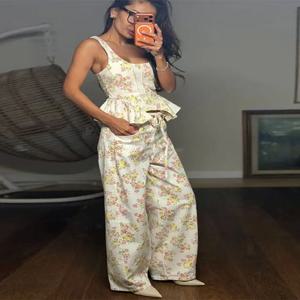 여성 바지 세트 ​ 페플럼 매칭 세트 플로럴 프린트 베스트 슬리브리스 탑 와이드 레그 팬츠 투피스 의상 ​ 봄 여성 의류