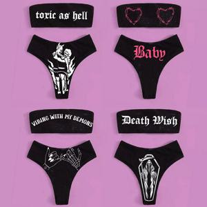 고딕 비키니 2025 여성 해골 튜브 탑 브래지어 삼각형 바지 수영복 스플릿 수영복 속옷 Y2K 비키니 펑크 수영복