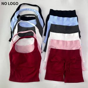 노로고 2피스 여성용 짐 세트 백리스 홀터탑 하이웨이스트 심리스 숏팬츠 짐 슈트 피트니스 의류 스포츠웨어 운동복 세트