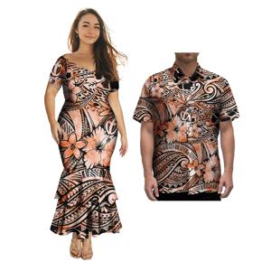 폴리네시안 커스텀 디자인 우아한 여성 머메이드 드레스와 하와이안 알로하 셔츠 아일랜드 커플 2피스 세트 매칭 커플 의상