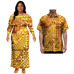 커플룩 세트 여성 이브닝 드레스 폴리네시안 패턴 디자인 클래식 남성 하와이안 셔츠 여성 플러스 사이즈 스커트와 매치