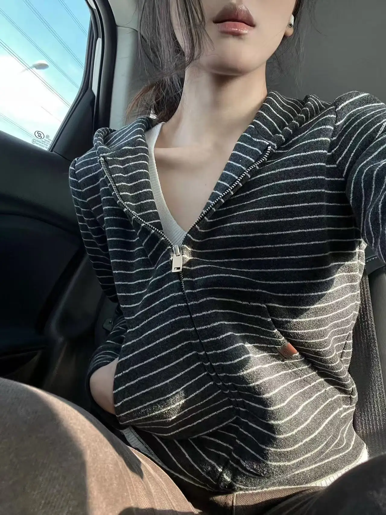 가을 미국식 스트라이프 지퍼 후드 스웨터 여성용 봄 가을 2025 신상 레이지 스타일 긴팔 탑 코트