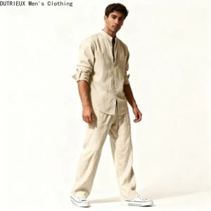 오버사이즈 심플 다용도 긴팔 셔츠 + 바지 편안한 린넨 수트 남성용 가을 남성용 면과 린넨 투피스 세트