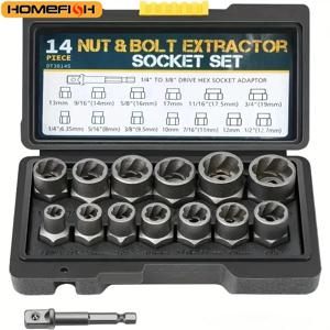 14피스 임팩트 볼트 & 너트 제거기 세트 크롬-몰리브덴강 볼트 추출기 도구 세트 (견고한 보관 케이스 포함, 산업용 드롭쉬핑)