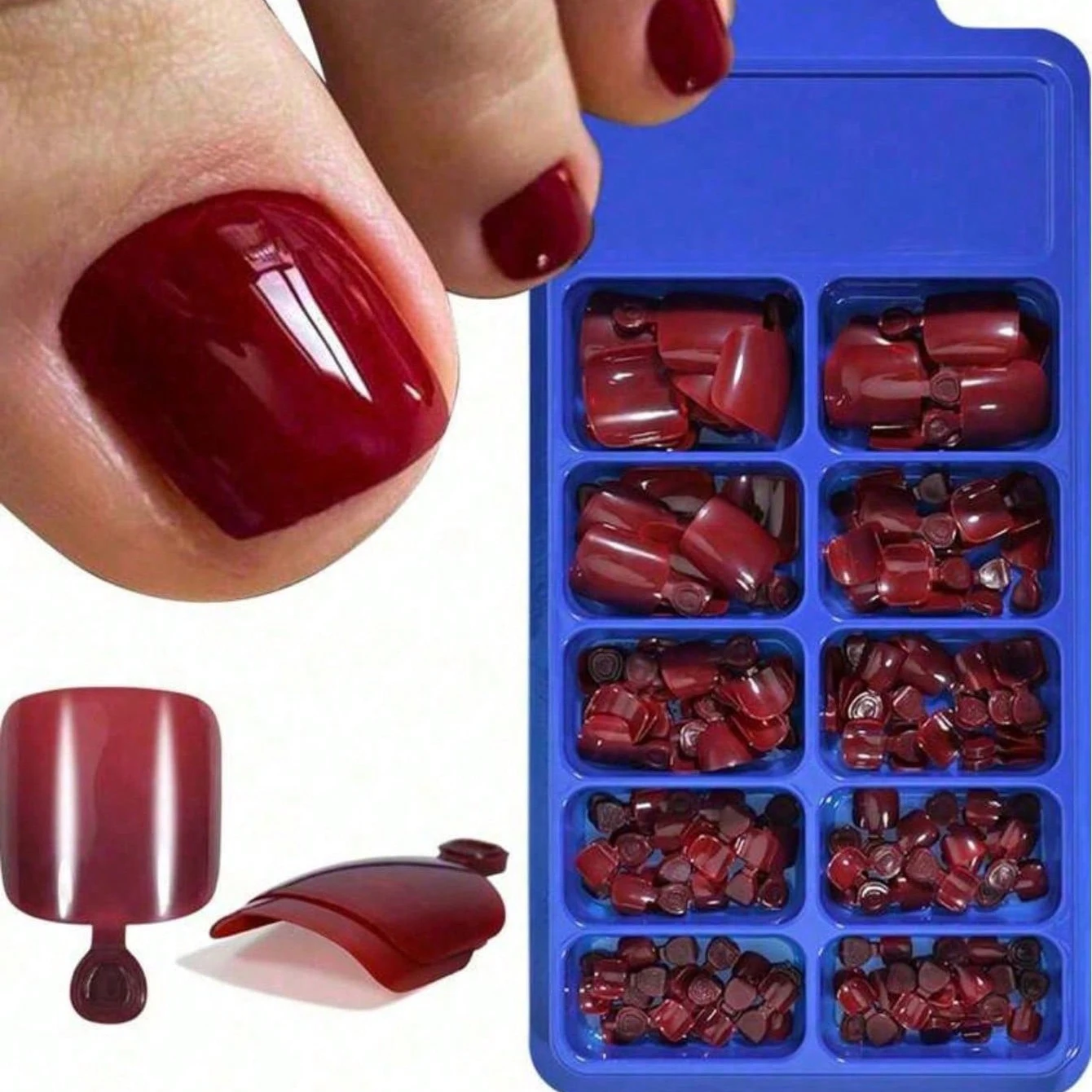 100개/세트 단색 심플 발가락 인조 손톱 레드 인조 아크릴 손톱 붙이는 발톱 아트 팁 접착 매니큐어 도구