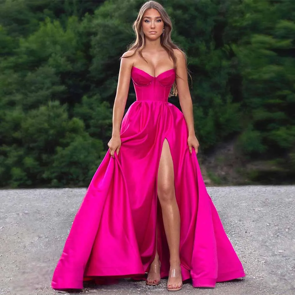 숙녀를위한 로맨틱 댄스 파티 드레스 새틴 a 라인 연예인 드레스 자홍색 연인 분할 셔링 이브닝 드레스 긴 2025