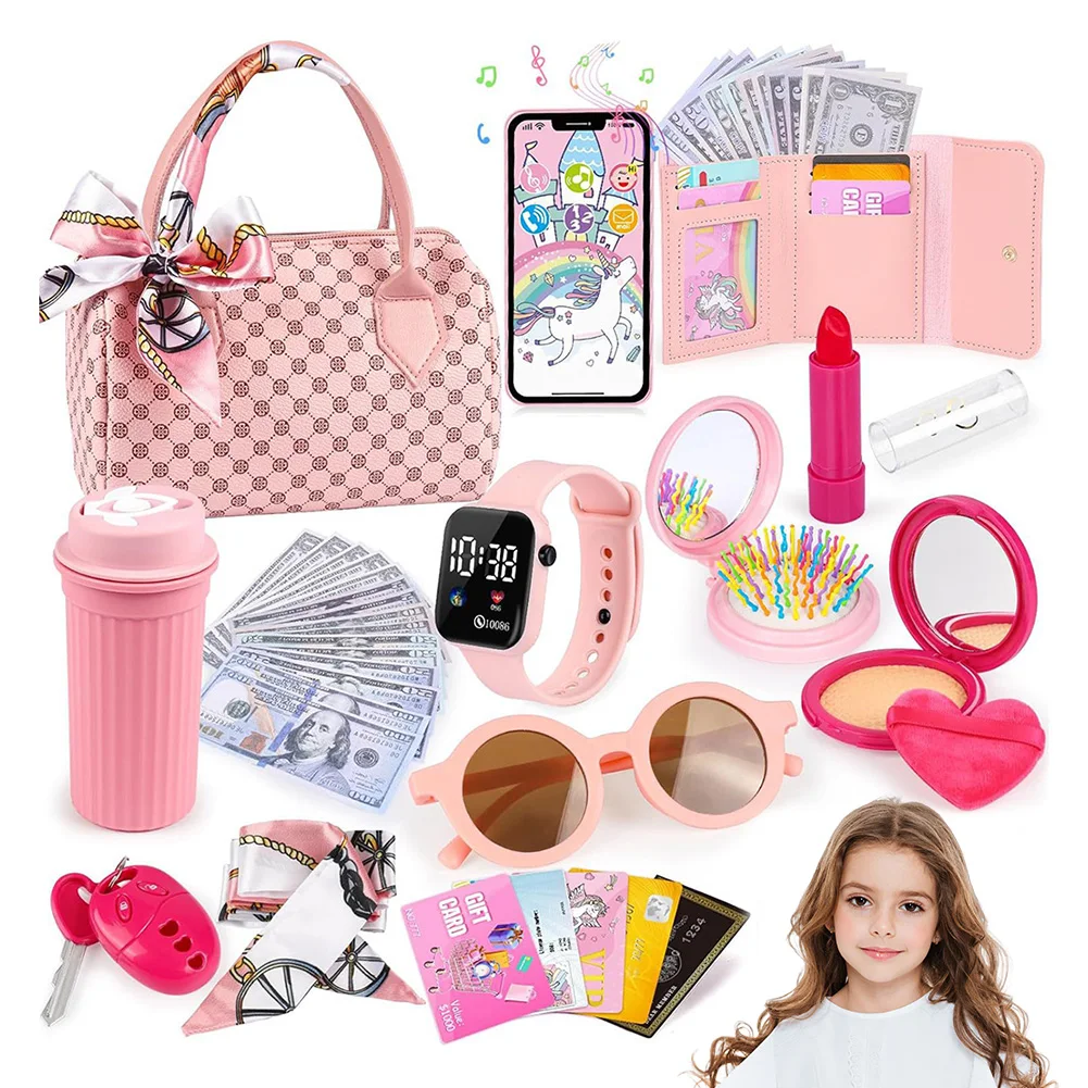 여아들을 위한 재미있는 놀이용 가방, 공주 선물 놀이용 가방 세트, 탑 핸들 백, 휴대폰/화장품/물병 보관 가능, 크리스마스/생일 선물