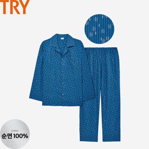 남자 봄 가을 긴팔 잠옷 상하 세트 순면 나염 카라 주자직 아빠 선물