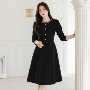 (~XXL까지) 브아 진주비즈 라운드넥 플레어 원피스 봄 가을 하객룩 오피스룩 모임룩 격식룩 빅사이즈