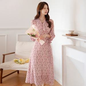 (~XXL까지) 아빌라 플라워 패턴 랩 롱 원피스 봄 가을 하객룩 오피스룩 모임룩 격식룩 빅사이즈