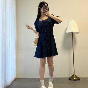 [브리치] 옷자락 / 여자 플레어 스퀘어넥 퍼프 생지 데님 미니 원피스