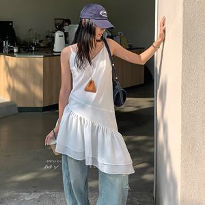 네모엔룩 언밸런스컷 여성용 러플 뷔스티에 레이어드 서스펜더룩 프릴 나일론 민소매 끈나시 미니 원피스