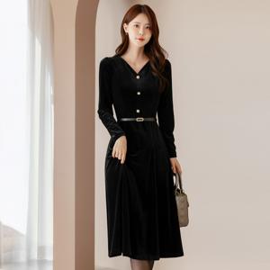 (~XXL까지) 카이넬 큐빅 벨트 벨벳 플레어 원피스 겨울 하객룩 오피스룩 모임룩 격식룩 연말룩 빅사이즈