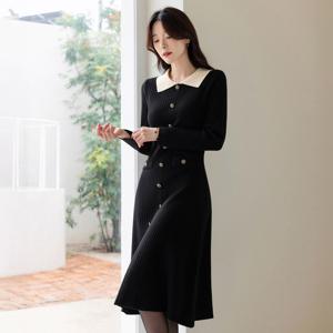 (~XXL까지) 라사엘리 배색카라 니트 플레어 원피스 겨울 하객룩 오피스룩 모임룩 데일리 꾸안꾸  빅사이즈