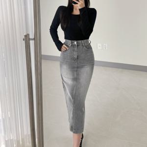 [브리치]  / 워싱 H라인 하이웨스트 뒷밴딩 롱 뒷트임 데님 스커트