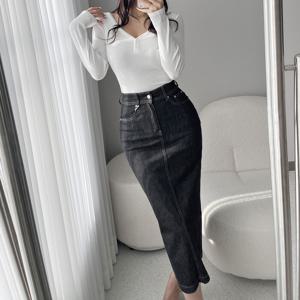 [브리치]  / 생지 데님 청치마 H라인 블랙 하이웨스트 스판 롱 스커트 코디 S 2XL