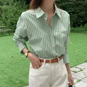 [하프클럽] 에세라 핑크 블루 스트라이프셔츠 봄 가을 빅사이즈 루즈핏 남방 셔츠