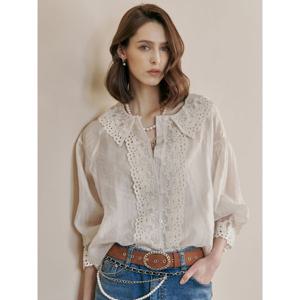 [하프클럽] 라운드 카라 아일렛 레이스 블라우스