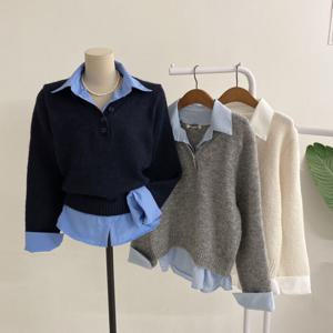 [브리치]  / 아리타 카라 셔츠 레이어드 버튼 울 니트(3color)