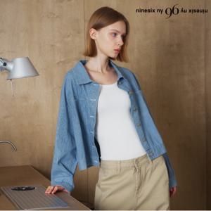 정상가:89,000원 ㅣ 카라넥 스트라이프 크롭 데님 긴팔 자켓 (NP3JK008L0)