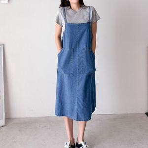 여성 뷔스티에 투포켓 민소매 끈나시 데님 청 롱원피스